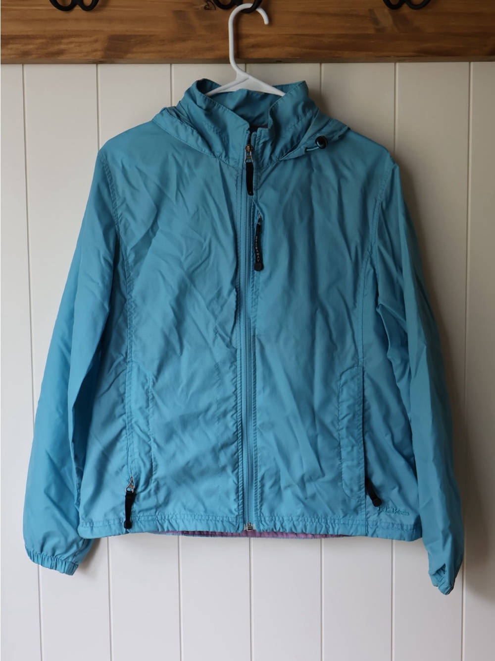 LL Bean Stowaway Light Blue Hooded Shell Rain and Wind Jacket Sz L